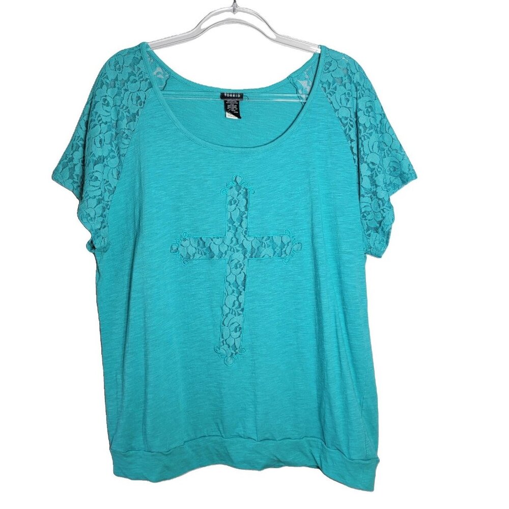 Torrid Teal‎ Lace Cross Top Plus Size 2X Short Sleeve Pullover Stretch